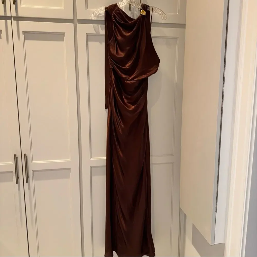 NICHOLAS Galilea High Neck Gold Trim Maxi Dress Espresso 6 - Picture 7 of 16
